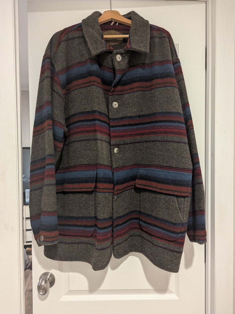 Woolrich Gray Striped Field Coat with Blue and Burgundy Bands
